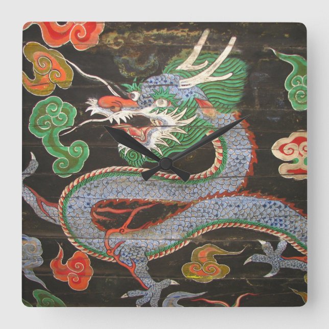 Asian Art Bright Colourful | Dragon Square Wall Clock (Front)