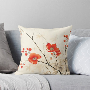 Asian Art Red Blossoms & Delicate Branches Cushion
