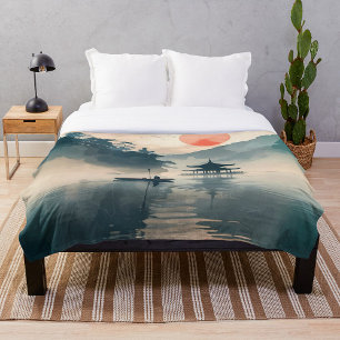 Asian Art Serene Sunset at the Pavilion  Fleece Blanket