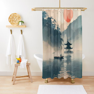 Asian Art Serene Sunset at the Pavilion  Shower Curtain