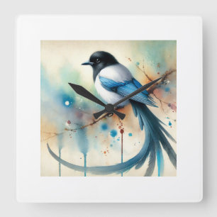 Asian azurewinged magpie 290924AREF101 - Watercolo Square Wall Clock