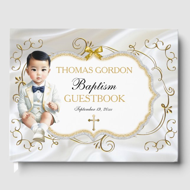 Asian Baby Boy Baptism Christening White & Gold  Guest Book (Front)