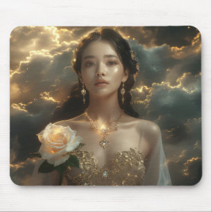 Asian Beauty With White Rose Mouse Pad
