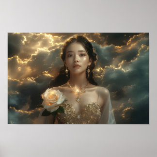 Asian Beauty With White Rose Poster
