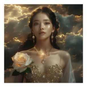 Asian Beauty With White Rose Poster
