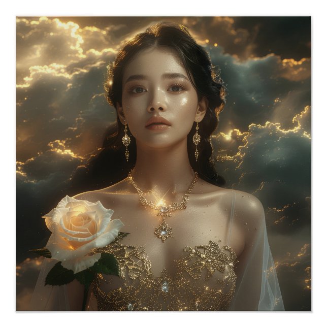 Asian Beauty With White Rose Poster (Front)