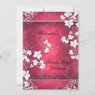 Asian Blossom Red White Lace Birthday Party Invitation
