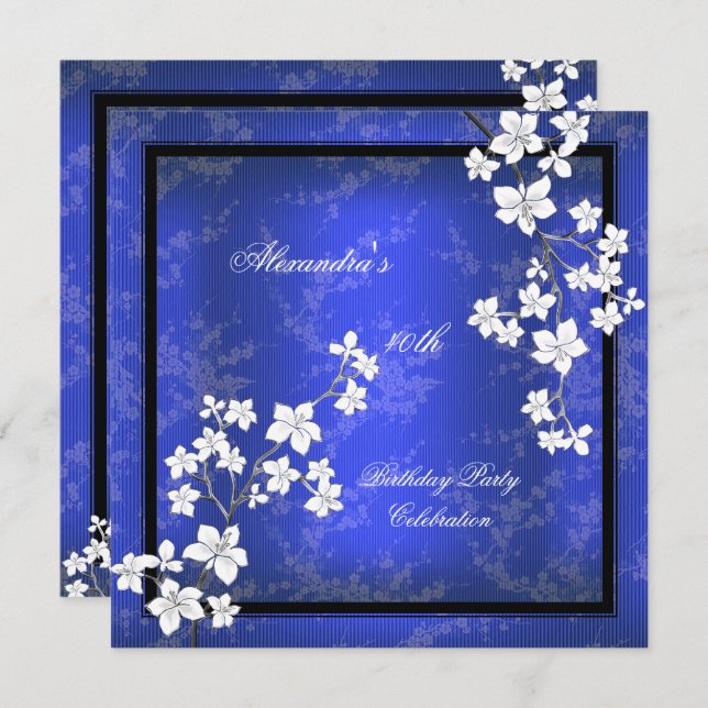 Asian Blue Black Blossom White Birthday Party Invitation (Front/Back)