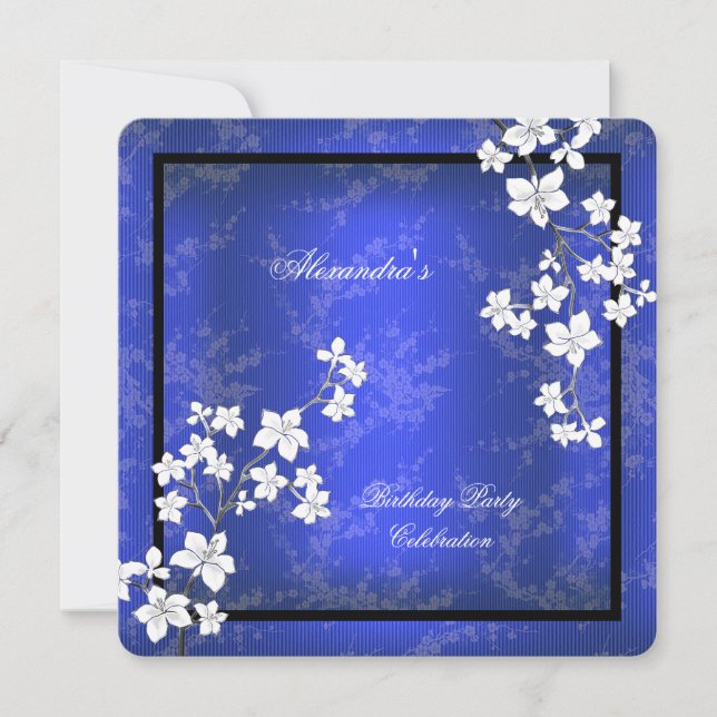 Asian Blue Black Blossom White Birthday Party Invitation (Front)