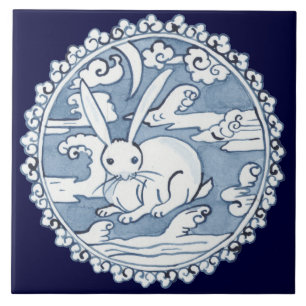 Asian Blue Rabbit in Clouds Ancient Pottery Design Tile