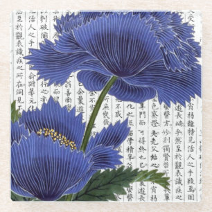 Asian BluePoppies on Kanji Background Glass Coaster