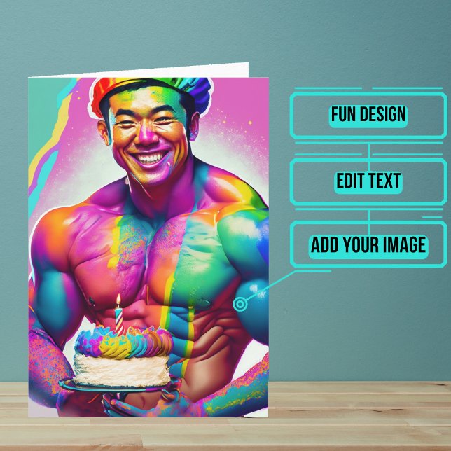 Asian Bodybuilder Gay Birthday Card (Wish a very Happy Birth - gay to your favorite human with this LGBTQ+ inspired birthday card. )