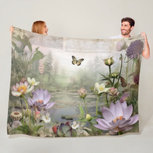 Asian Botanical Bliss Vintage Waterlily Delight Fleece Blanket