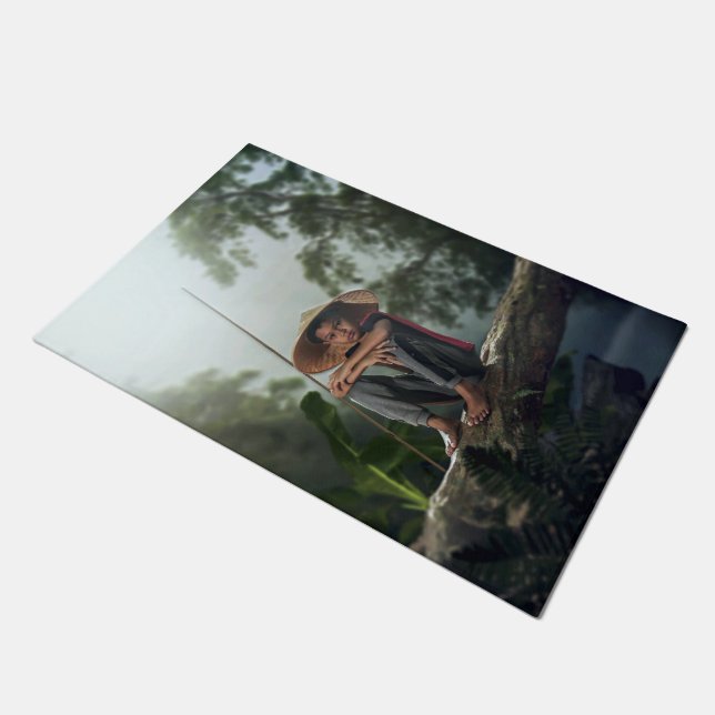 Asian Boy Fishing Doormat (Angled)