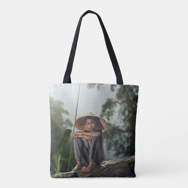 Asian Boy Fishing Tote Bag (Back)
