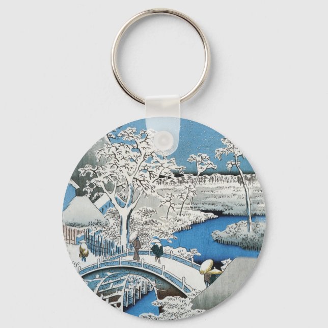 Asian Bridge and Snow Landscape Keychain (Front)