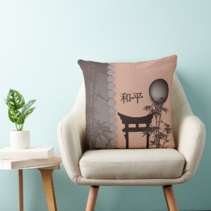 Asian brown Torii bamboo moon digital art Cushion