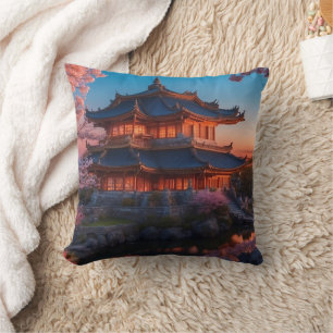 Asian Castle of the Garden Sunset Square Cushion