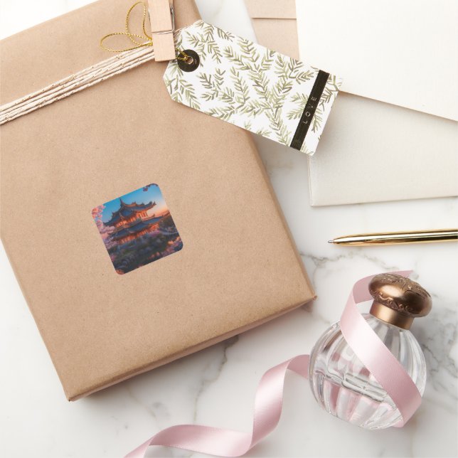 Asian Castle of the Garden Sunset Square Sticker (Gifting)