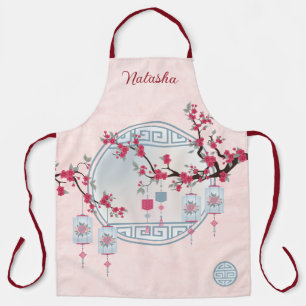 Asian cherry blossom blue lantern digital art apron