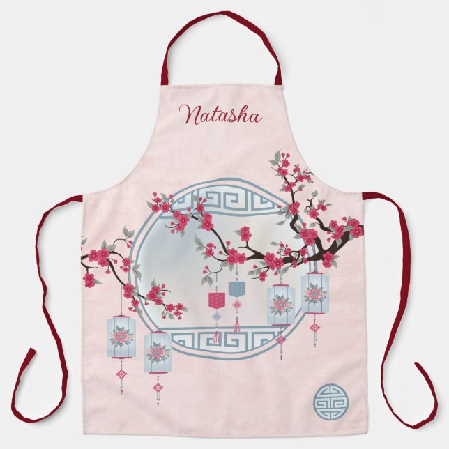 Asian cherry blossom blue lantern digital art apron (Front)