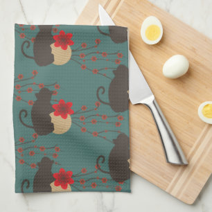 Asian Cherry Blossom Sakura Modern Monkey Pattern Tea Towel