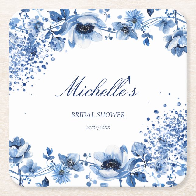 Asian Chinoiserie Light Blue Floral Bridgerton Square Paper Coaster (Front)