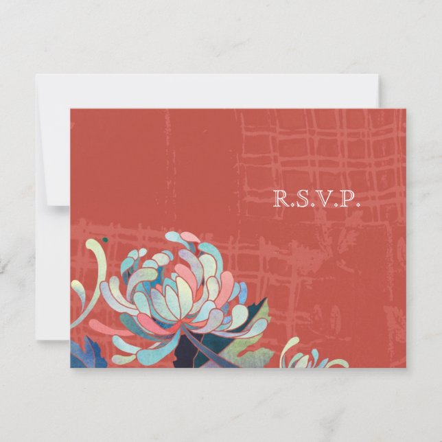 Asian Chrysanthemum Red Wedding RSVP Card (Front)