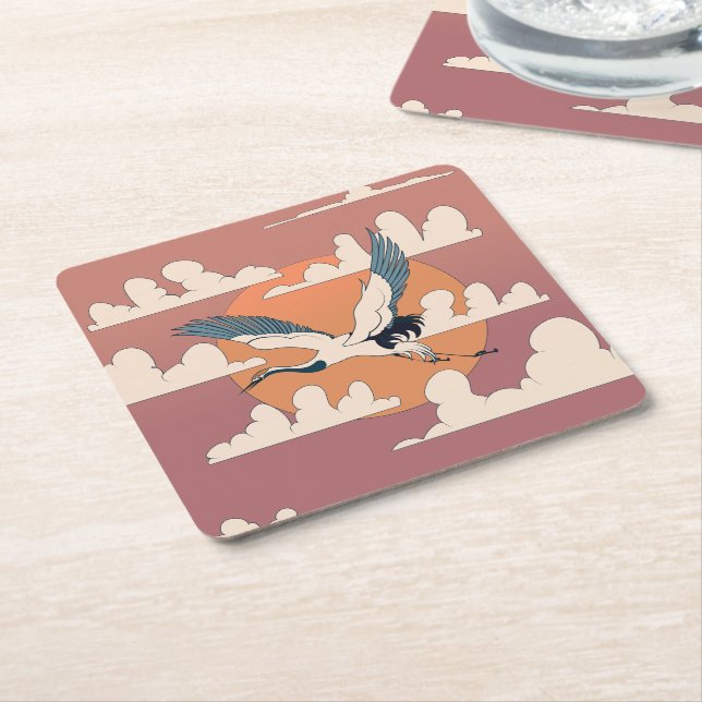 Asian Crane In Flight Square Paper Coaster (Angled)