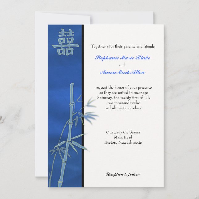 Asian Double Happiness Blue Wedding Invitation (Front)