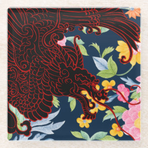 Asian Dragon - Black on Navy Floral Glass Coaster