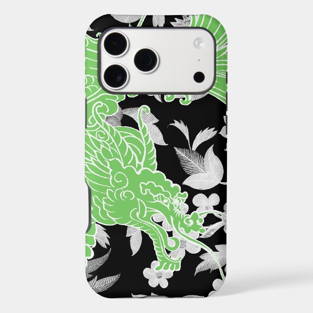 Asian Dragon - Lime green on black floral (Back)