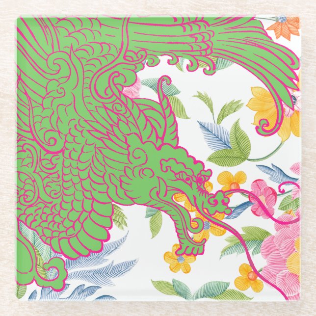 Asian Dragon - Pink and Green Floral Glass Coaster (Front)