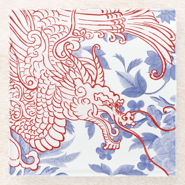 Asian Dragon - Red and White on Blue Floral Glass Coaster (Front)
