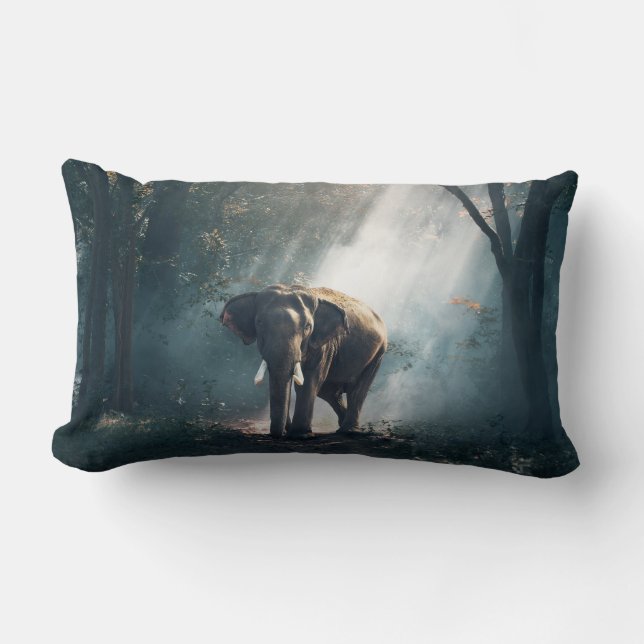 Asian Elephant in a Sunlit Forest Clearing Lumbar Cushion (Front)