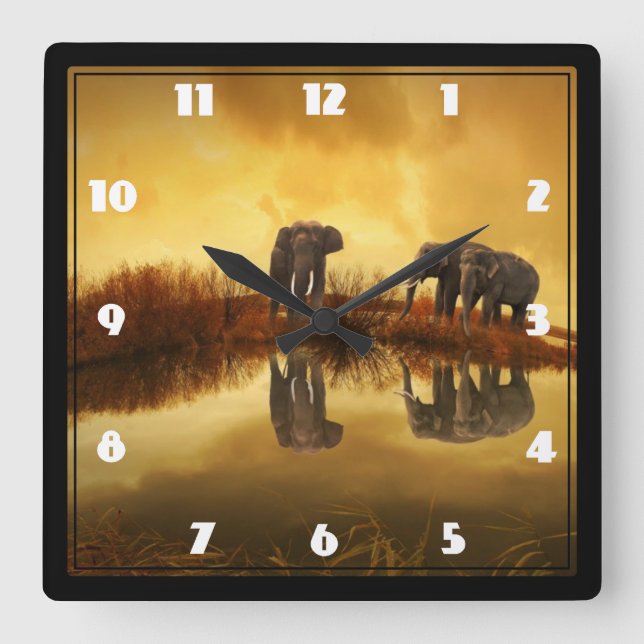 Asian Elephants in Thailand under a glowing sunset Square Wall Clock (Front)