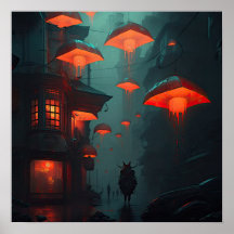 Asian fantasy night city with red lanterns AI art