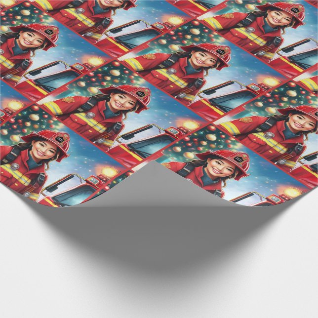 Asian Female Firefighter Holiday Christmas Wrapping Paper (Corner)