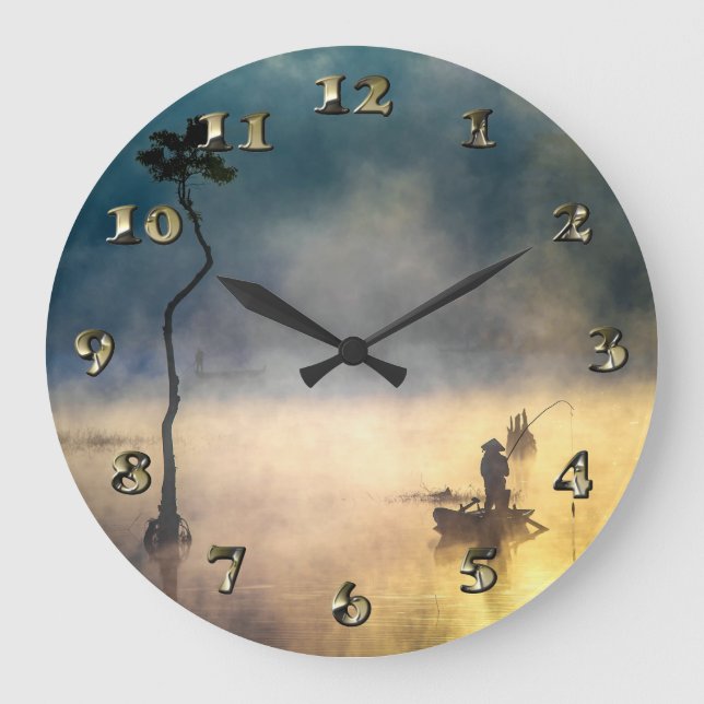 Asian Fishing on Fog Lake Large Clock (Front)