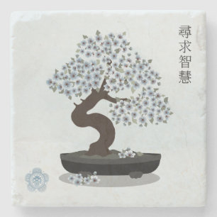 Asian floral bonsai blossom tree graphic design stone coaster
