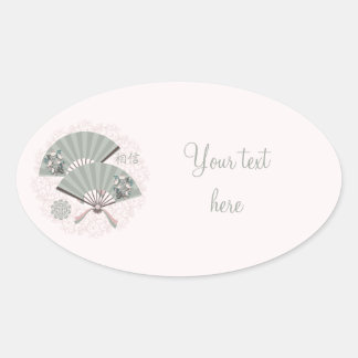 Asian floral green fans "Believe" digital art Oval Sticker