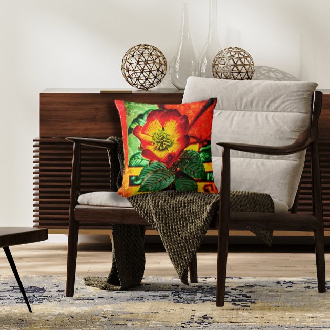 Asian Floral in Bright Red and Green Cushion (Creator Uploaded)