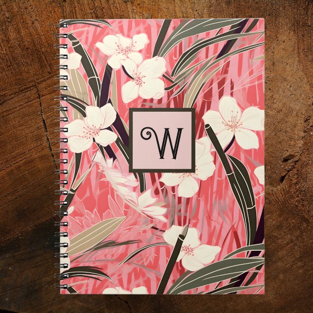 Asian Floral Pink Peach White Chinoiserie Monogram Notebook (Creator Uploaded)