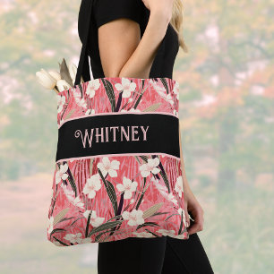 Asian Floral Pink Peach White Chinoiserie Monogram Tote Bag