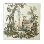 Asian Garden with Woman and Animals Tile<br><div class="desc">A lovely Asian style garden filled with various animals and monitored by a watchful woman. The scene conjures thoughts of the Garden of Eden,  complete with a snake slithering in the foreground. A perfect gift for the worldly,  well-travelled person in your life!</div>