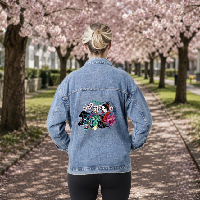 Asian Geisha Dragon Cherry Blossoms Blue Denim Jacket (Creator Uploaded)