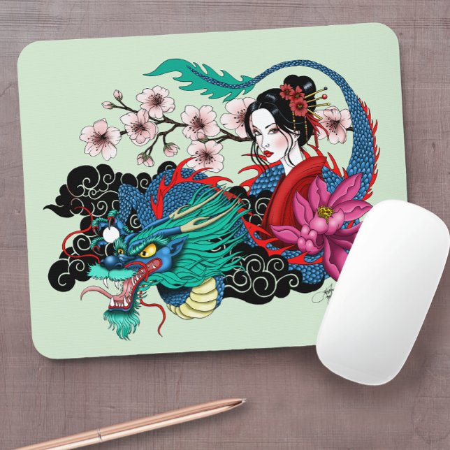 Asian Geisha Dragon Cherry Blossoms Blue Mouse Pad (Creator Uploaded)