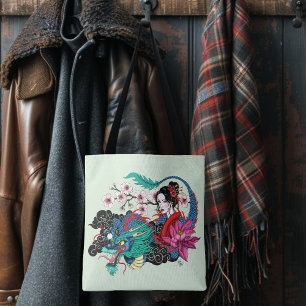 Asian Geisha Dragon Cherry Blossoms Blue Tote Bag