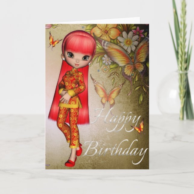 Asian Girl Beautiful Flowers Happy Birthday Card 3 (Front)