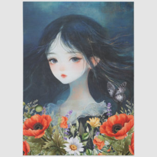 Asian Girl Wildflowers & Red Poppies Abstract Art  Tissue Paper